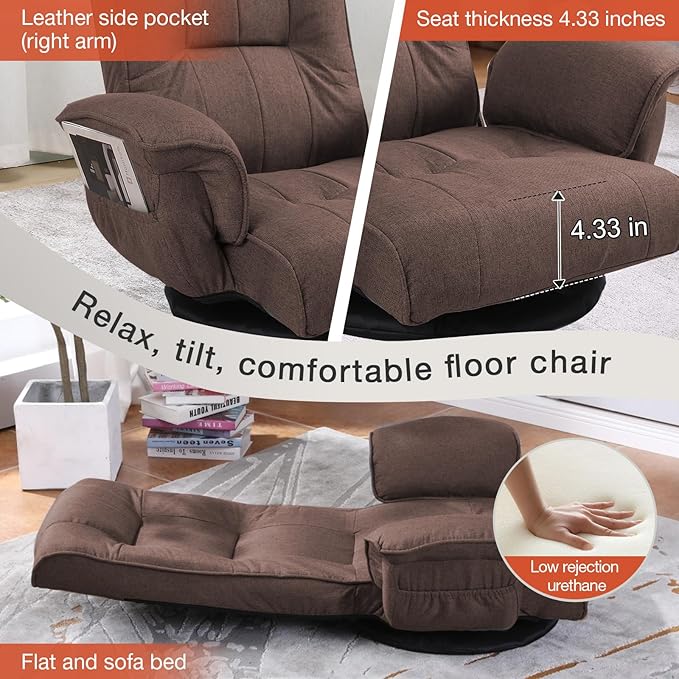 Ergonomic Swivel Floor Gaming Chair with Armrests &amp Side Pockets 6-Position Reclining Sofa Bed Foldable Padded Lounger with Thick Cushion &amp Lumbar Support for Esports Reading TV Watching (