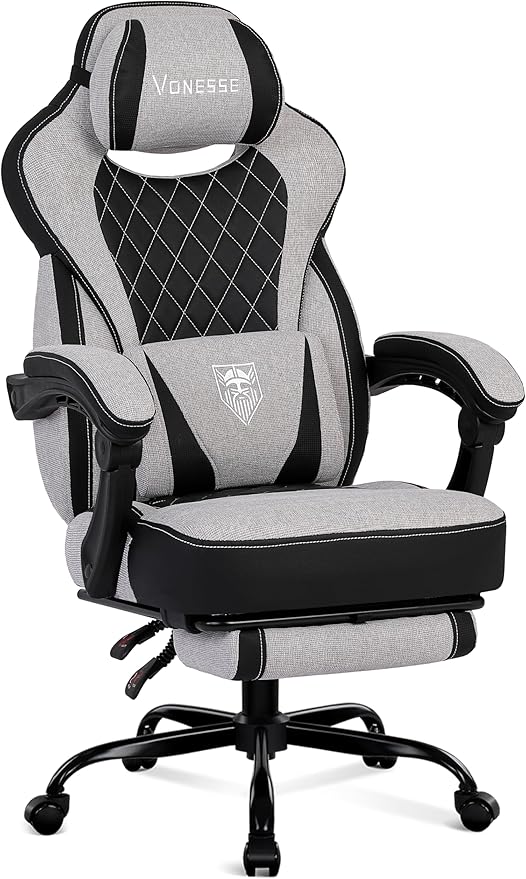 Vonesse Gaming Chair Reclining Fabric Gaming Chairs for Adults 250LBS Office Chair with Pocket Spring Cushion Computer Chair with Footrest and Massage Lumbar Support (Light Gray)