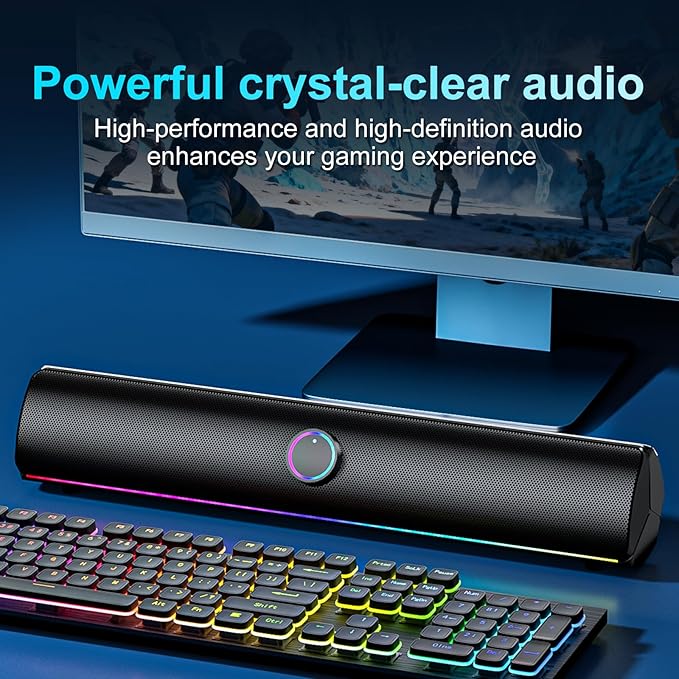 Computer Speakers for Desktop PCComputer Sound bar2600mAh PC SoundbarBass BoostHiFi Stereo Bluetooth Desktop Speakers with Touch Buttons for LaptopsPhoneGreat for GamersFamilies