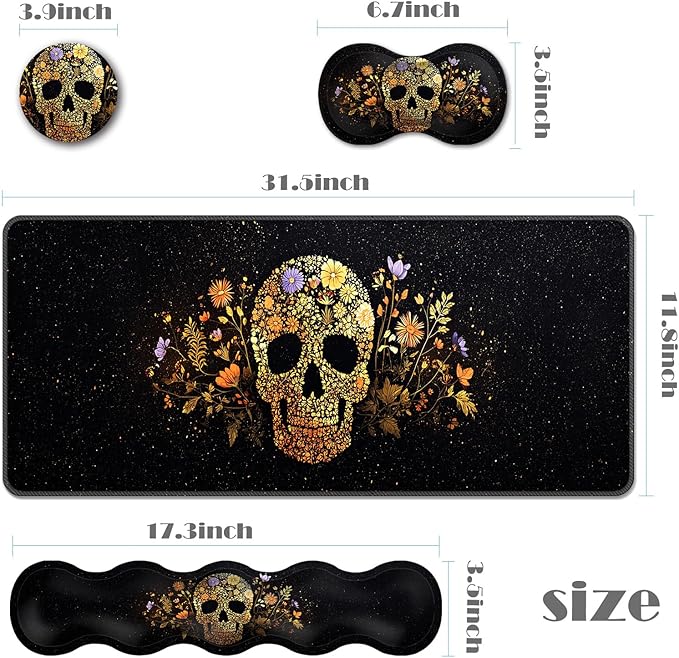 Ergonomic Keyboard Wrist Rest &amp Mouse Pad Wrist Rest SetXL Gaming Desk Mat 31.5x 11.8Non-Slip BaseMemory FoamEasy Typing Pain Relief for Office &amp HomeFloral Skull on Starry