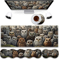 4 in 1 Mouse Pad Combo Large Gaming Mouse Pad + Keyboard Wrist Support + Mouse Wrist Rest + Coaster Table Pad 31.5 x 11.8 with Memory Foam Ergonomic Wrist Pad Set Many Owl