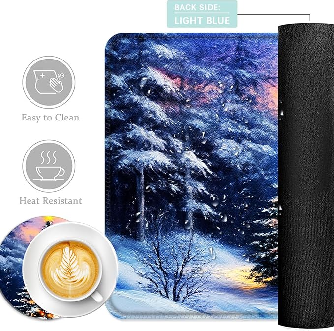 Keyboard Mouse Pad Set Extended Gaming Mouse Pad+Ergonomics Keyboard Wrist Rest Support Memory Foam Easy Typing Pain Relief 4Pcs XL Ultra Thick Desk MatChristmas Snowy Mountain