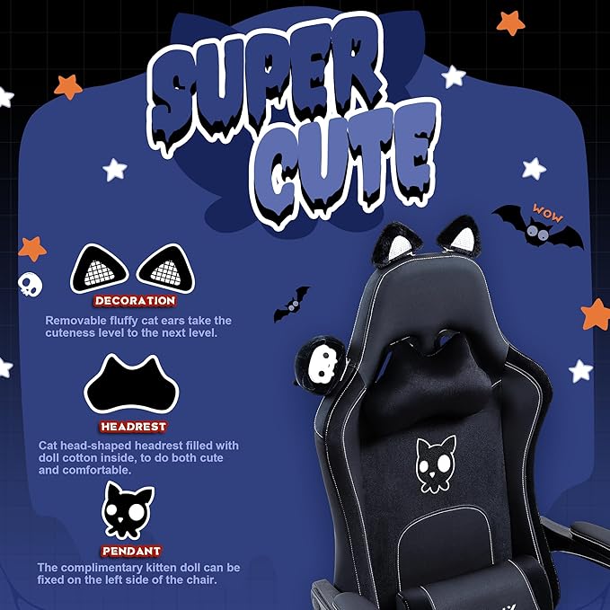 Dowinx Gaming Chair Cute with Cat Ears and Massage Lumbar Support Ergonomic Computer Chair for Girl with Footrest and Headrest Comfortable Reclining Game Chair 290lbs for Adult Teen White