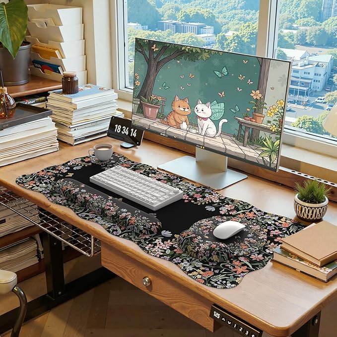 iLeadon Floral Desk Cover Mat Cute Ergonomic Mouse Pad and Keyboard Wrist Rest Smooth Mouse Pad Set Non Slip Scalloped Desk Pad Mat for Keyboard and Mouse Set Women Aesthetics(Black)
