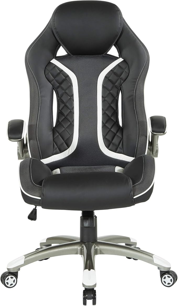 OSP Home Furnishings Xplorer 51 Ergonomic Adjustable High Back Gaming Chair with Lumbar Support and Padded Flip Arms Black Faux Leather with White Trim