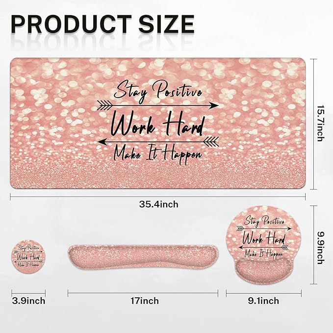 Arttown Desk Mat Rose Gold Pink Mouse Pad Set with Wrist Support 4-in-1 Large Mousepad+Keyboard Wrist Rest+Mouse Wrist Rest+Coaster with Ergonomic Design Non-Slip Mat for Office Home Decor
