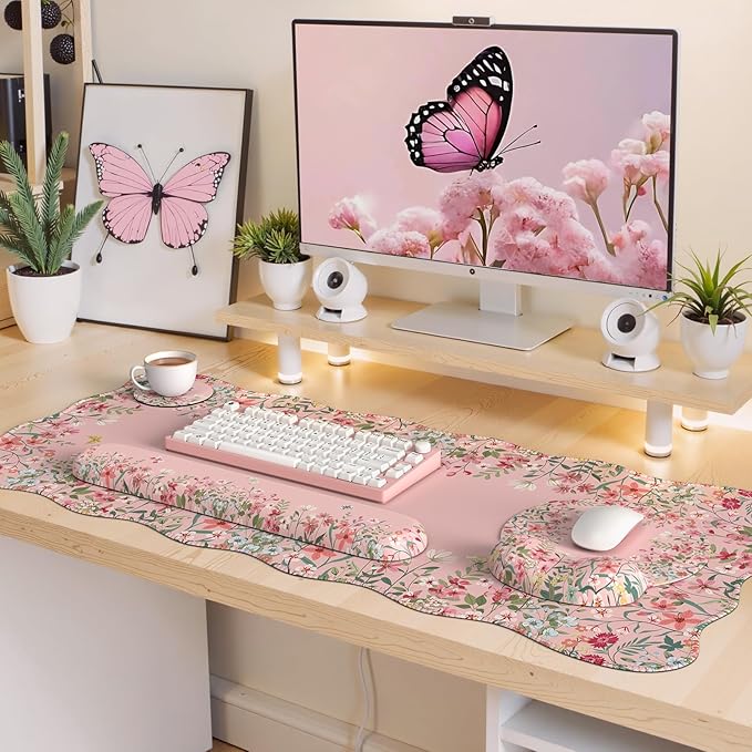 iLeadon Desk Matt for Desktop Non Slip Base Mouse Pad with Wrist Rest Wrist Pad for Keyboard Gaming Mouse Pad Large Anti-Fatigue Gel Mousepad with Wrist Support (Pink)