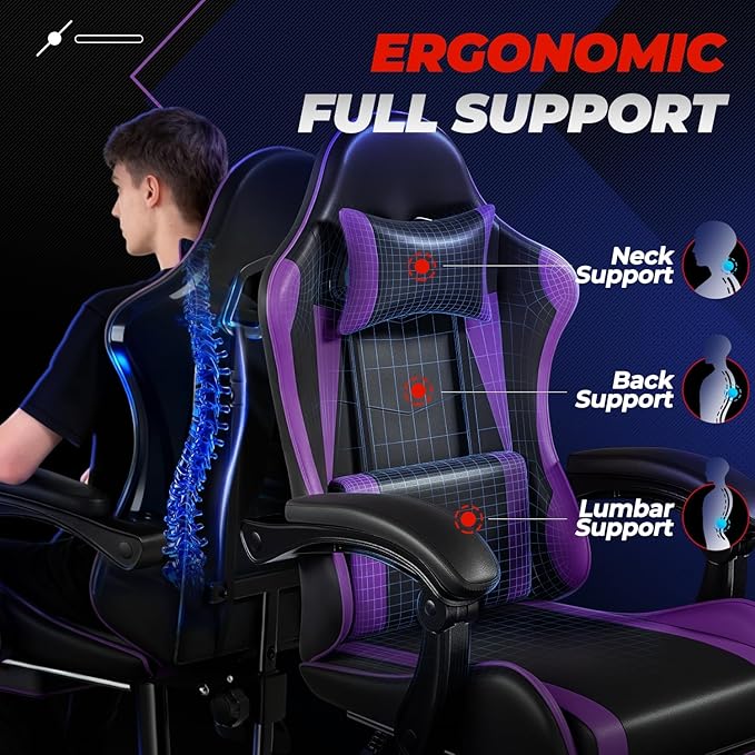 Auto Dynasty Ergonomic Gaming Chair High-Back Office Chair w/Adjustable Lumbar Support Linkage Armrest Headrest &amp Footrest 350LBS Recliner Swivel Computer Game Racing Chair Purple/Black
