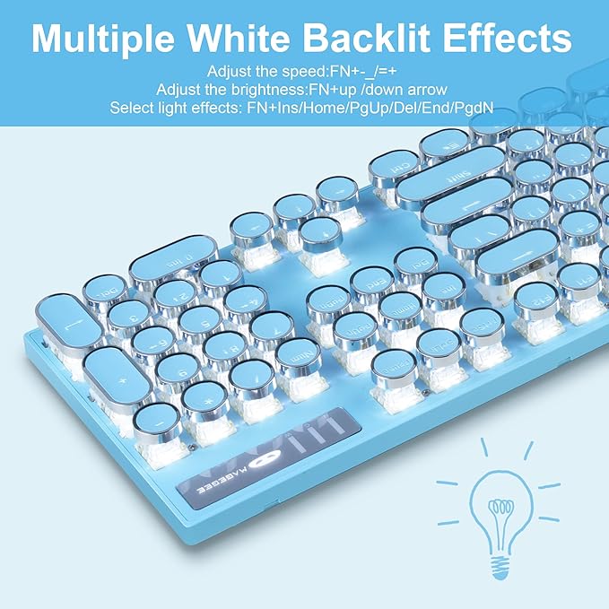 Typewriter Style Mechanical Gaming KeyboardRetro Punk Gaming Keyboard with White Backlit 104 Keys Blue Switch Wired Cute Keyboards with Detachable Wrist RestBlue Keyboards for Office/PC/Laptop