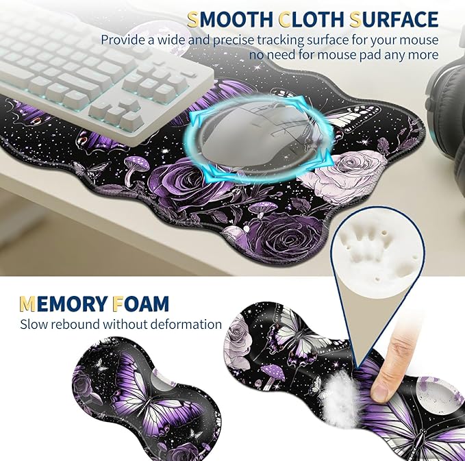 4-Piece XXL Gaming Mouse Pad Set (31.5x11.8) with Keyboard Wrist Rest Mouse Wrist Support &amp CoasterErgonomic Non-Slip Desk Mat for Office &amp HomePurple Butterfly Flower