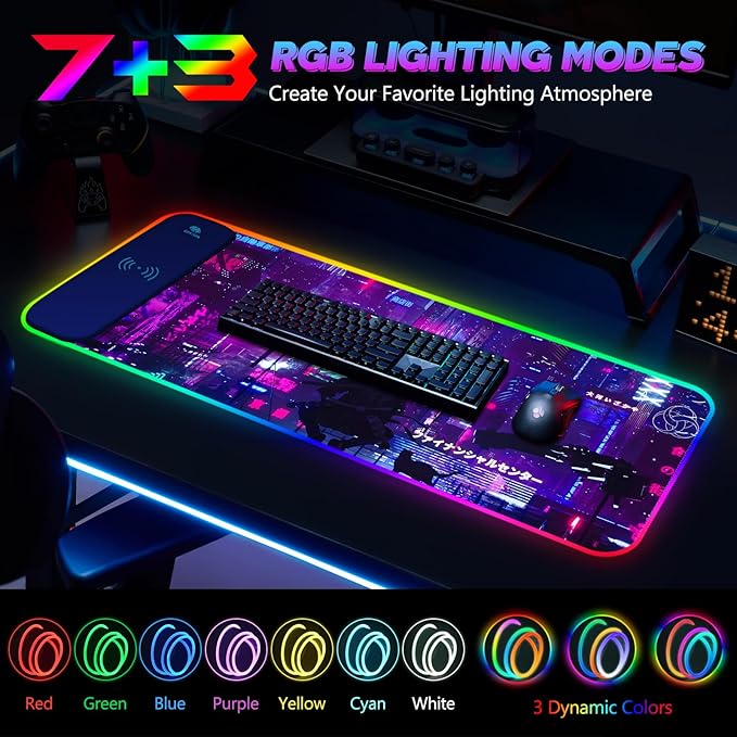 RGB Mouse Pad with 15W Wireless Charging Purple Anime Neon Extended Large LED Gaming Mouse Pad Non-Slip Rubber Base 10 Light Modes Desk Pad for Home Office-Warrior Cat