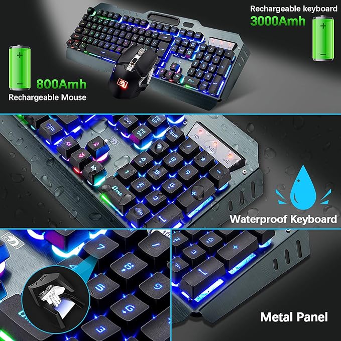 Wireless Gaming Keyboard and Mouse Combo61 Key Rainbow Backlit Keyboard with Rechargeable 3800mAhMechanical FeelErgonomicQuietWaterproofRGB Mute Mice for PS4Xbox OneDesktopPC