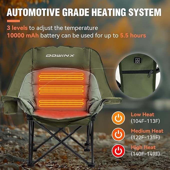 Dowinx Heated Camping Chair for Adults - Oversized Extra Large Folding Chair with Adjustable Padded Seat Cup Holder 400 lbs Capacity Green
