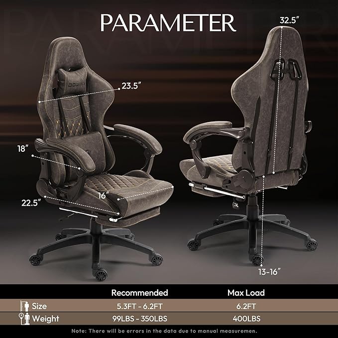 Dowinx Gaming Chair Big and Tall Ergonomic PC Gaming Chair with Footrest &amp Massage Racing Style Reclining Computer Chair for Adults 400LBS Capacity - Heavy Duty Gamer Chair (Brown)