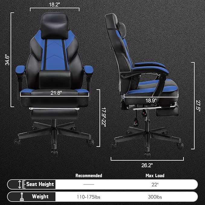 Vongrasig Ergonomic Gaming Chair for Adults PU Leather Office Seat with Head &amp Foot Rests (Blue)