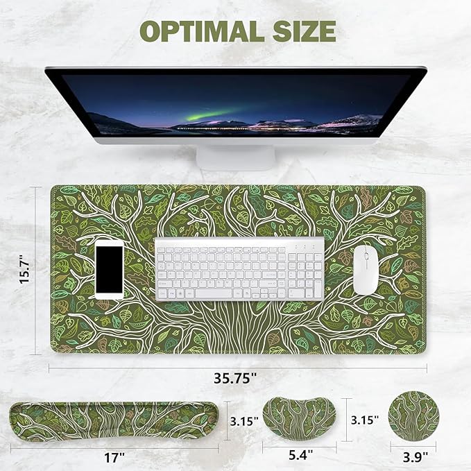 ToLuLu Desk Mat Gaming Mouse Pad Wrist Support 4 in1 Set XXL Large Mouse Pad + Keyboard Wrist Rest + Memory Foam Cushion Mouse Wrist Rest for Pain Relieve + Coaster Table Computer PC Green Leaves