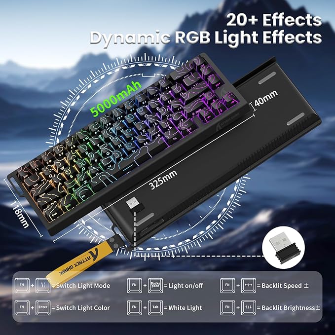 ATTACK SHARK X68PRO HE Rapid Trigger Wireless Keyboard 0.01mm RT Accuracy 8000Hz Wired Gaming Keyboard Adjustable Actuation Snap Tap RGB Backlit Magnetic Switch C01 Coiled Cable -Black