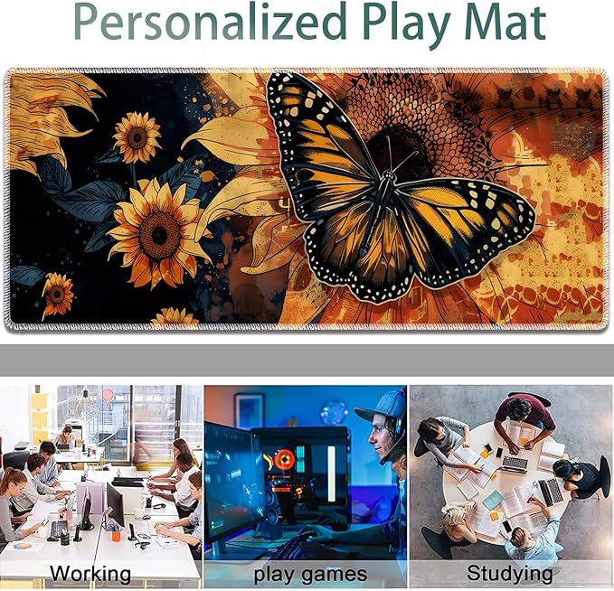 Large Gaming Mouse Pad + Keyboard Wrist Rest + Wrist Support + Coaster Set Memory Foam Ergonomic for Easy Typing XXL Extended Gaming Mouse Pad Table Pad - Sunflower and Butterfly