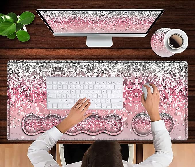 Pink Mouse PadKeyboard Mouse Pad SetExtended Gaming Mouse Pad + Memory Foam Keyboard Wrist Rest Support Pink Glitter Office Desk Mat Writing Pad Easy Typing Pain ReliefXXL Large Mousepad Desk Mat