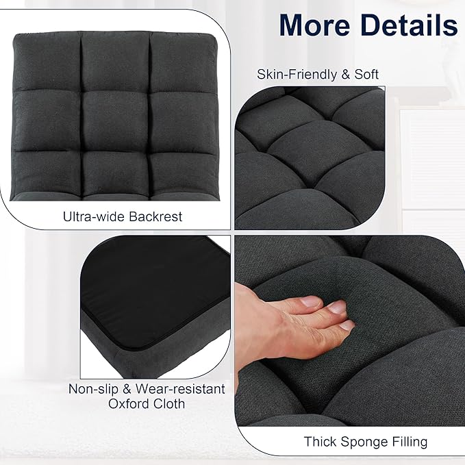 Floor Chair 24 inches Wide Oversized Velvet Armless Lay Flat Floor seat Padded Meditation Chair with 6 Adjustable Position Ergonomic Comfortable Convenient(LRSF-002-GREY)
