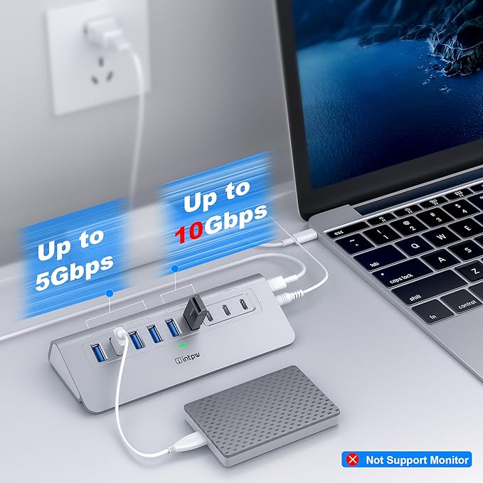 Powered USB Hub intpw 9-Port USB 3.2 Hub 10Gbps USB C Hub with USB A/USB C 3.2 4 USB 3.0 2 PD 45W Charging Port 65W Power Adapter and 3.3FT Cable Aluminum USB Hub for Laptop iPhone 17/16/15/PC