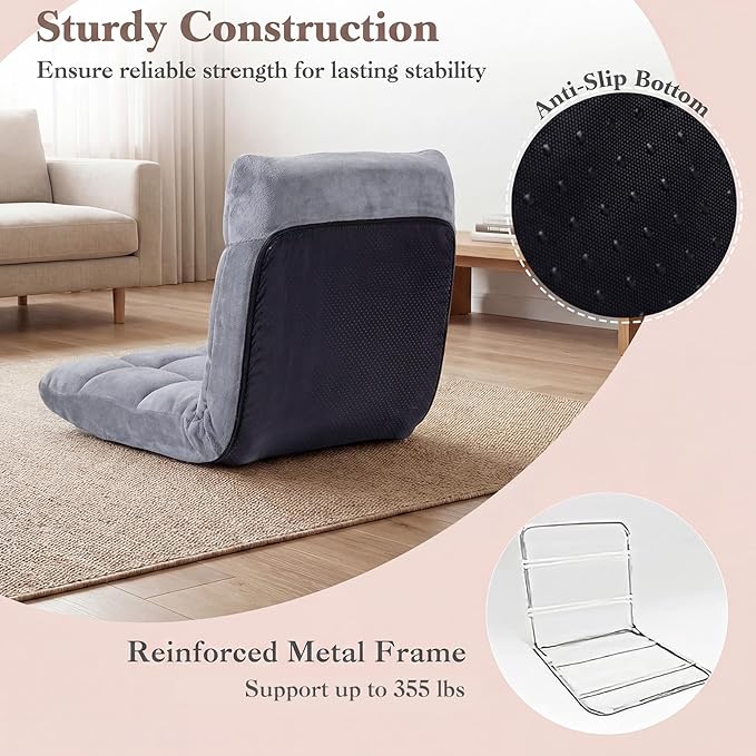 MAT EXPERT Floor Chair with Back Support Floor Gaming Chair w/ 14 Adjustable Position Soft Coral Fleece&ampAlloy Steel Frame Foldable Padded Lazy Couch Recliner for Meditating (Grey Small)