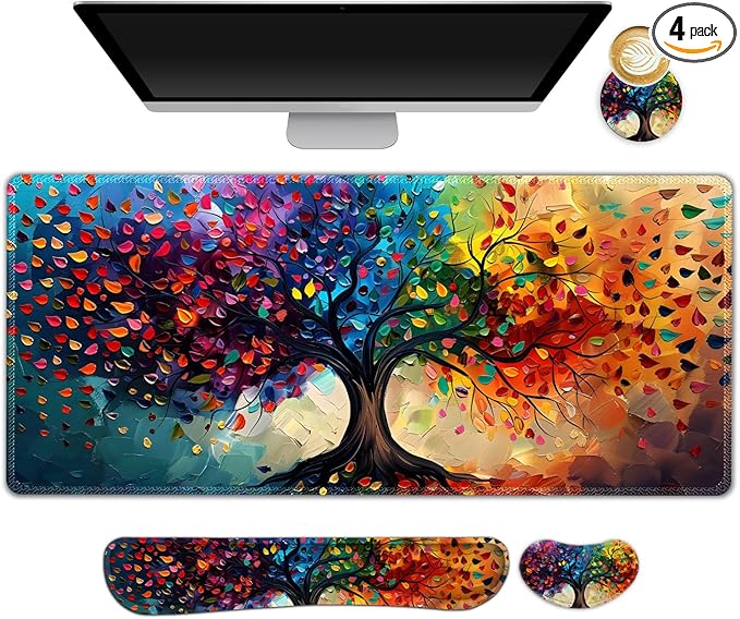 Large Gaming Mouse Pad Set 4 in 1 Ergonomics Keyboard Desk Mat with Memory Foam Wrist Rest Computer Extended Game Mousepad Non-Slip Desk Matt Easy Typing Pain Relief I Colorful Tree Leave