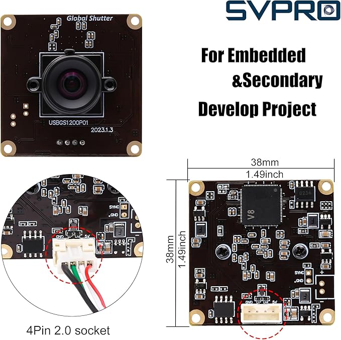 SVPRO Global Shutter USB Camera Module 90fps High Speed Webcam Board 1920x1200 2MP AR0234 UVC Webcam Module with Distortion Free M12 Lens for ComputerSlow Motion Board Camera for Golf Swing