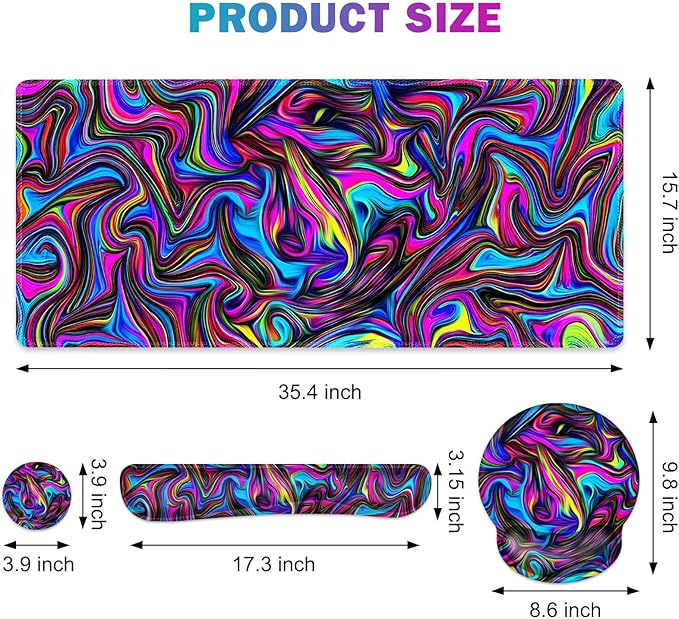 Gaming Mouse Pad Large Desk Mat Cute Desk Pad Protector 4in1 XXL Mousepad + Keyboard Wrist Rest+Mouse Wrist Rest+Coaster Set with Ergonomic Desk Pad for Home Office Computer Dazzling Bright Color