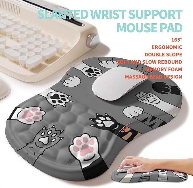 2-in-1 Ergonomic Set Wave Rise Keyboard Wrist Rest and Massage Bulge Slope Mouse Pad Wrist Support Cushion Memory Foam Integrated to Relieve Wrist Pain Cute Cat Paws
