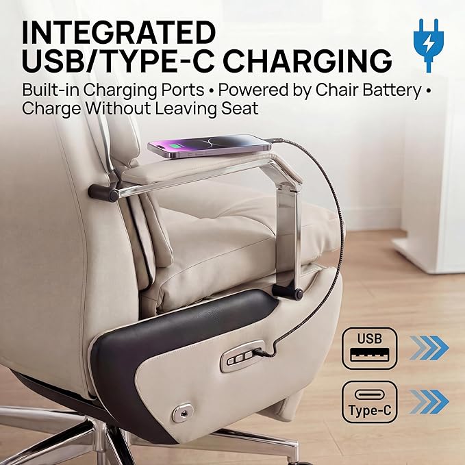 Dual Motor Executive Reclining Office Chair with Footrest – One-Click Electric Recline Massage Lumbar Support &amp Pillow Big and Tall PU Leather Ergonomic Desk Chair for Home Office/Gaming(White)