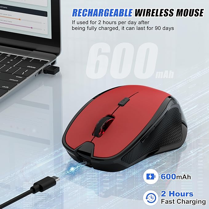 Bluetooth Wireless Mouse 2.4G Ergonomic Rechargeable Computer Mouse for MacBook Air iPad Pro PC with Jiggler Mode 3 DPI Levels &amp Forward/Back Buttons Laptop Mice for Office/Home/School - Red