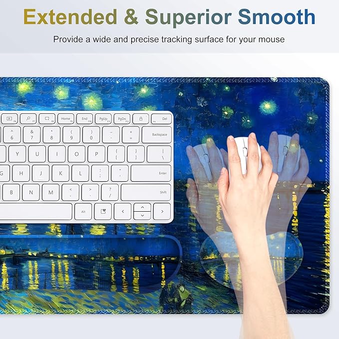 Large Gaming Mouse Pad Set 4 in 1 Ergonomics Keyboard Desk Mat Memory Foam Wrist Rest Computer Extended Game Mousepad Non-Slip Desk Matt Easy Typing Pain Relief I Starry Night Over The Rhone