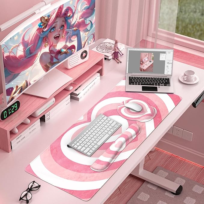 iLeadon Pink Desk Mat Desk Pad + Pink Mouse Pad with Wrist Rest + Keyboard Wrist Rest + Coaster 4in1 Mouse Pad Set Mouse and Keyboard Pad for Home Office Heart Pink