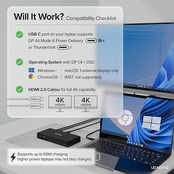 Plugable USB-C Docking Station Dual 4K 60Hz HDMI 65W Charging Gigabit Ethernet 1x USB-C 5Gbps 3X USB-A Audio Windows/ChromeOS USB-C/USB4/Thunderbolt Driverless (UD-MSTH2)