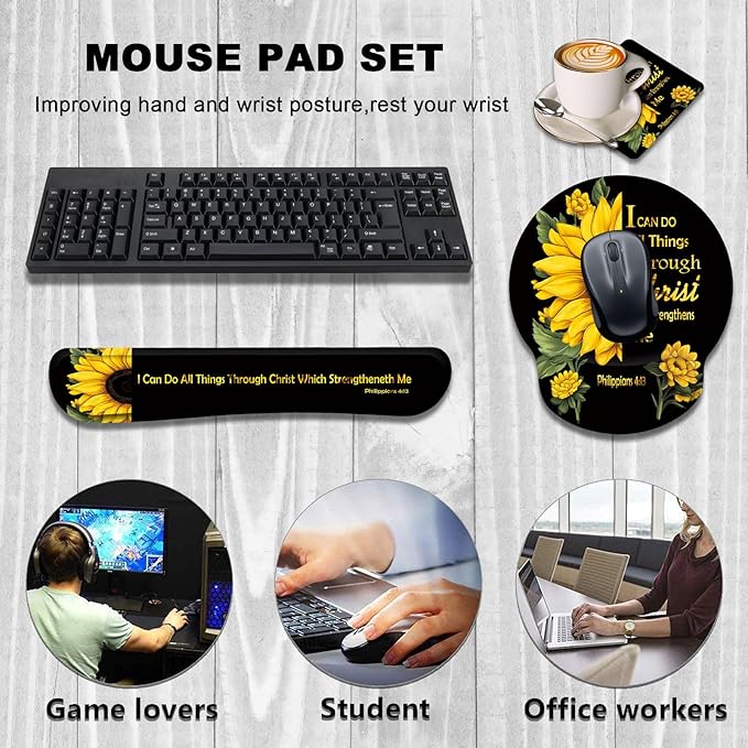 Keyboard Wrist Rest and Mouse Wrist Rest Pad with Cup CoasterMade of Memory FoamErgonomic SupportEasy-Typing and Pain Relieffor Gaming Office Home ComputerSunflower