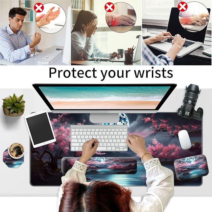 Large Gaming Mouse Pad+Memory Foam Ergonomic Keyboard Wrist Rest Support+Wrist Rest+Coaster Extended Desk Pad Set Stitched Edge Non Slip Desk Mat 4PC for Office &amp Home Moon Cherry Blossom