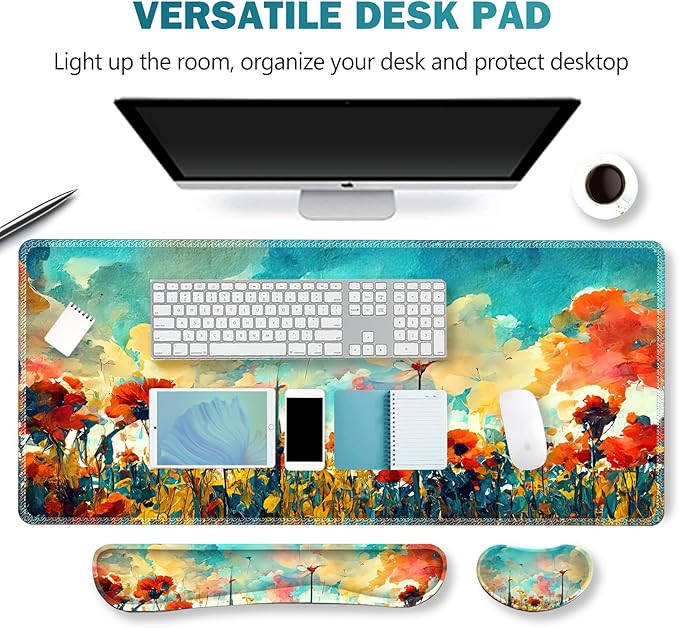 ARTSO Gaming Mouse Pad Wrist Support Set XXL Large Desk Mat Mousepad + Keyboard Wrist Support+ Mouse Wrist Rest+Coaster 4in1 Ergonomic Stitched Edge for Home Office -Oil Painting Flowers Plants