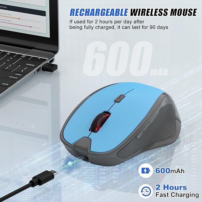 Wireless Bluetooth Mouse for iPad Pro MacBook Ergonomic Rechargeable Mice with Jiggler Mode 2-Mode Bluetooth 5.2/3.0 &amp 2.4G USB-A/USB-C Receiver Silent Optical Mouse for Mac PC Laptop Blue