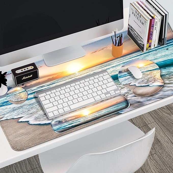 Mouse Pad + Desk Mat + Keyboard Wrist Rest + Coaster 4 in 1 Set Cute Ergonomic Large Gaming Mousepad with Wrist Rest Support Desk Pad for Computer Laptop Office Home Decor-Beach