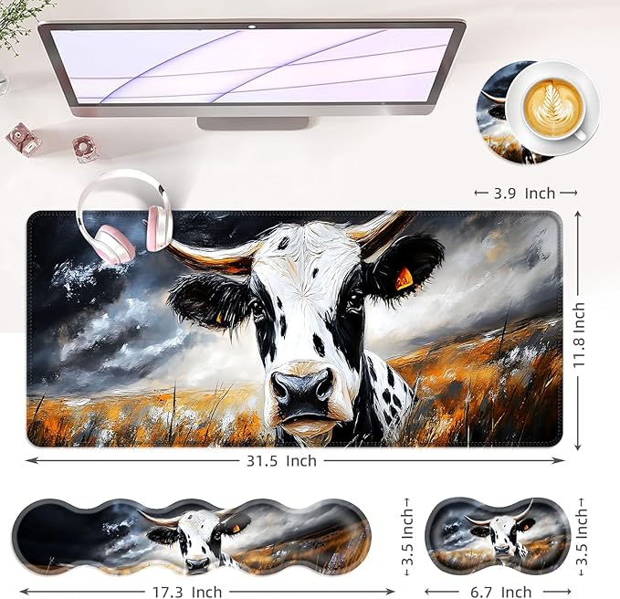 Large Keyboard Mouse Pad Set Extended Mouse Pad+Keyboard Wrist Rest Support Memory Foam Ergonomic Easy Typing 4Pcs (31.5×11.8 in) Desk Pad Set for Office HomeCute Cow