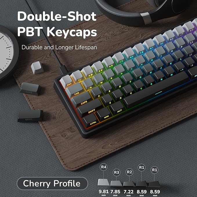 RK ROYAL KLUDGE R65 Wired Gaming Keyboard with Volume Knob 60% Percent RGB Backlit Mechanical Keyboard Side Printed PBT Keycaps QMK/VIA 66 Keys Hot Swappable Beige Switch Gradient Black