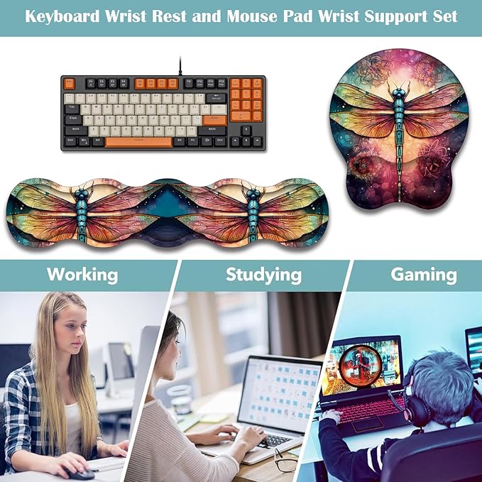 Mouse Wrist Rest and Keyboard Wrist Rest Pad+ Coaster Set Non-Slip Rubber Base Smooth Surface Ergonomic Gaming Mouse Pad for Easy Typing and Pain Relief Mandala Dragonfly