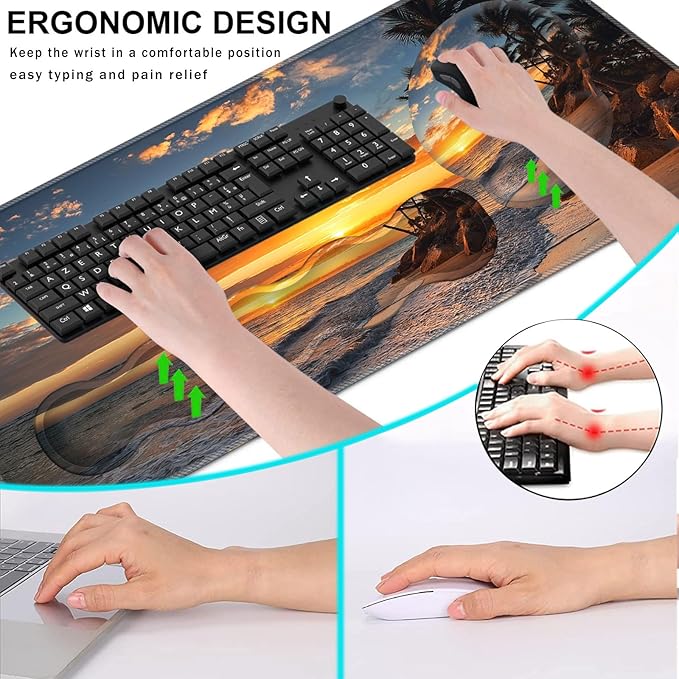 Mouse PadLarge Pink Desk Mat 4in1 XXL Mousepad + Keyboard Wrist Rest+Mouse Wrist Rest+Coaster Set with Ergonomic Desk Pad for Home Office Table Computer-Sunset Beach