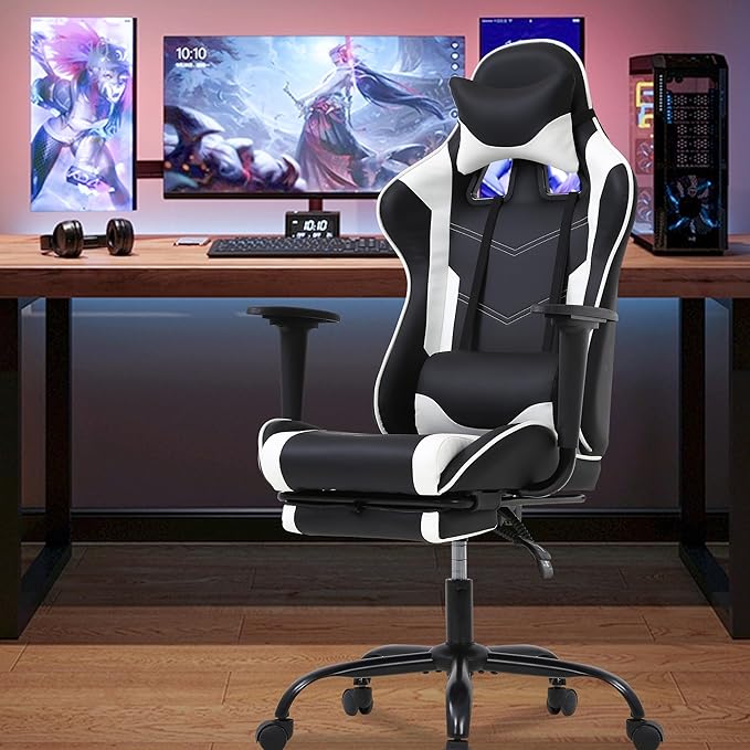 High Back PU Leather Gaming Chair with Headrest &amp Lumbar Support Height Adjustable Wide Seat Gamer Chair for Adults Game Chair with Footrest &amp Armrest