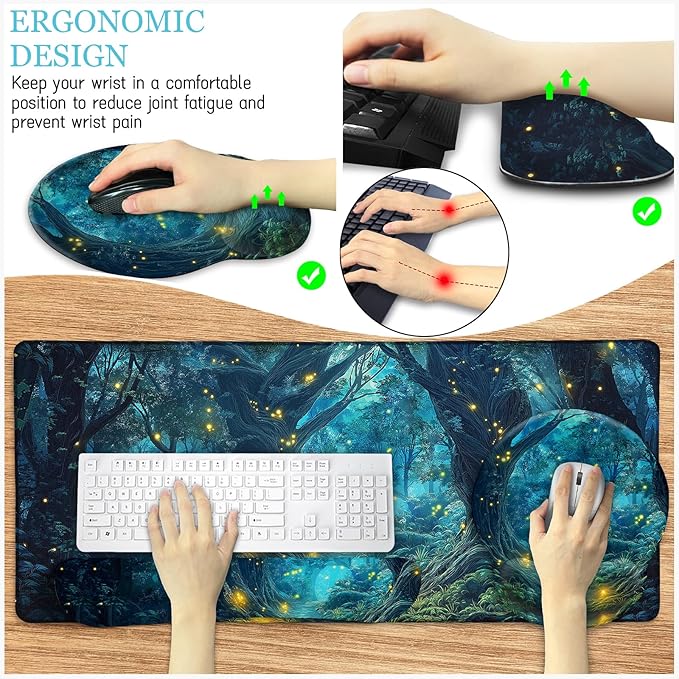 Ergonomic Mouse Pad Set Large Desk Matt for Desktop Gaming Mouse Pad Wrist Rest Keyboard Mat Cup Coaster Set Cute Office Desk Decor Accessories for Women Firefly Forest