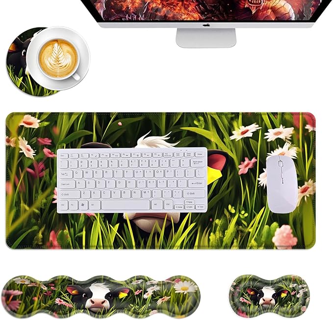 Mouse PadLarge Desk Mat Set 4in1 XL Mousepad + Keyboard Wrist Rest+Mouse Wrist Rest+Coaster with Ergonomic Desk Pad for Home Office Table Computer Cover -Cute Calf in Flower Field