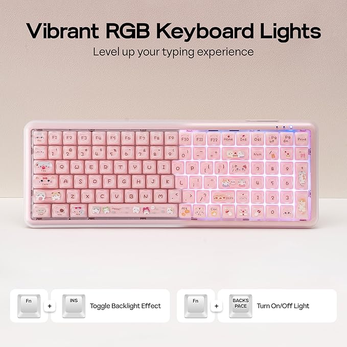 MechLands X Maorbeng X100 PRO Membrane Gaming Keyboard with Number Pad RGB Backlits Wireless Computer Keyboard with 5000mAh Battery BT/2.4G/USB-C Wired 96% Layout for Windows/Mac/PC (Pink)
