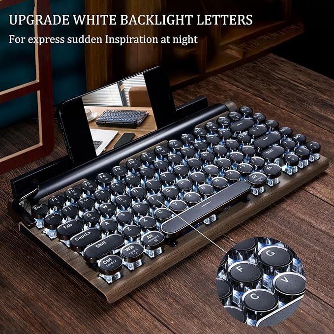 7KEYS Typewriter Keyboard Wireless Retro Style Vintage Classical Mechanical Keyboard with Bluetooth for IPAD PC/Laptop Mac/Phone (Wood)