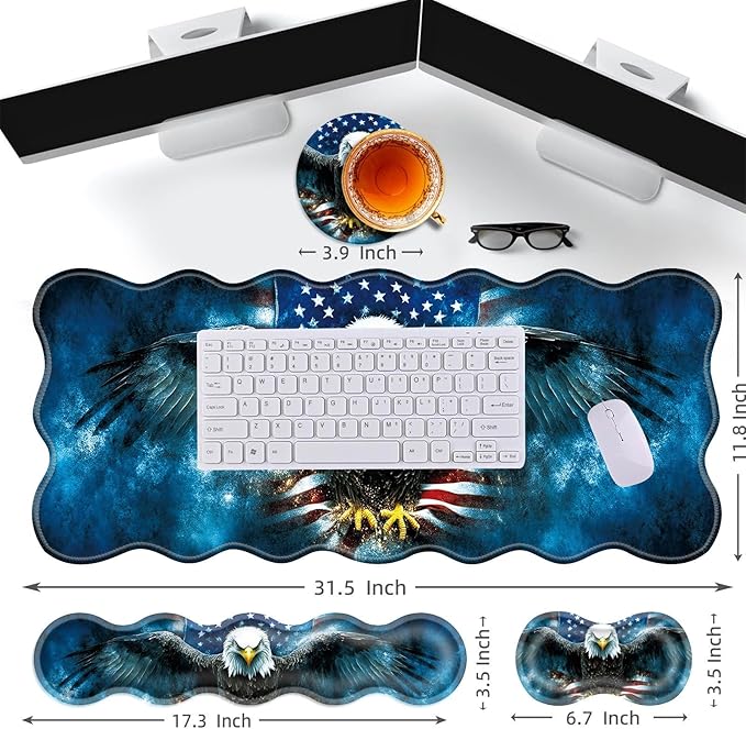 Large Gaming Mouse Pad Keyboard Wrist Rest Pad &amp Wrist Support Mousepad Set Stitched Edge Extended Non-Slip Base Memory Foam Desk Mat for Office HomeAmerican Flag Bald Eagle